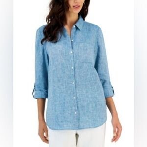 Charter Club Luxury 100% Linen Roll Up Sleeves Button Down Shirt size Medium